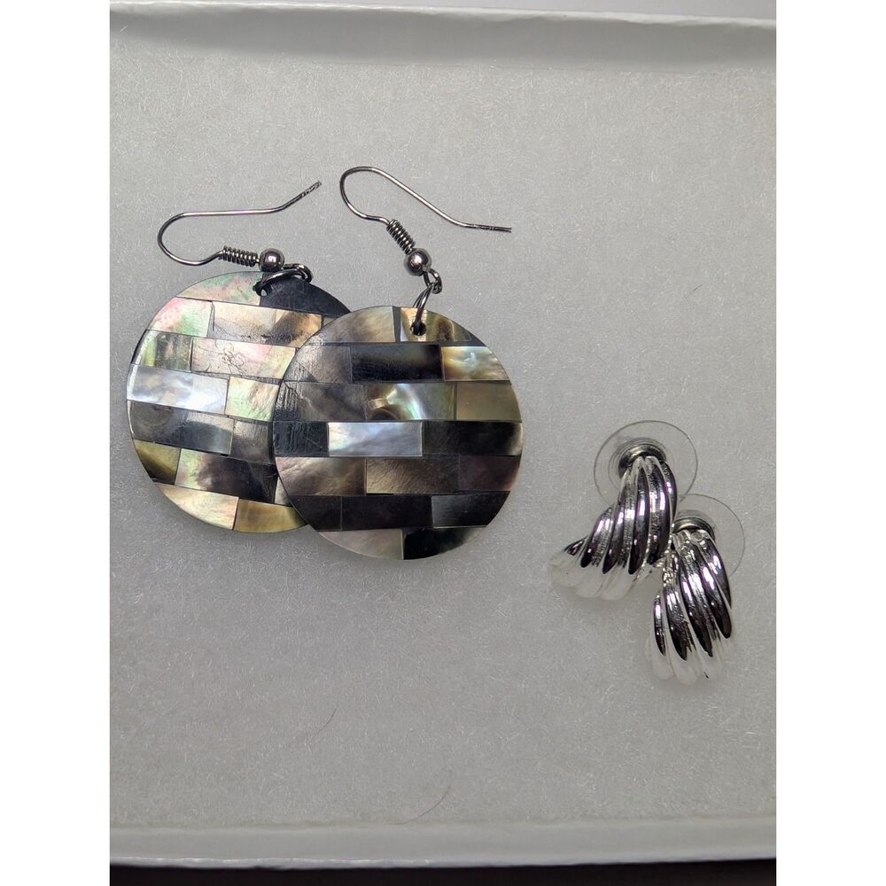 Mosaic Black Lip Abalone Shell Disc Earrings & Silver Ribbed Half Hoops Lot